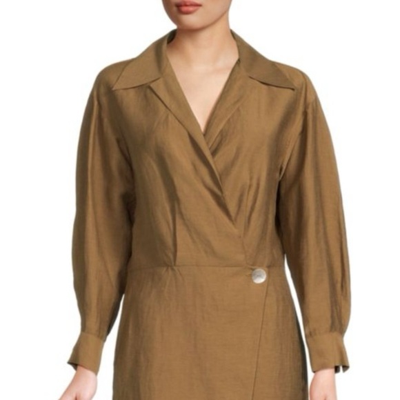 VINCE Collared Linen-blend Wrap V Neck Long Sleeve Mini Dress Size 0 NEW - Picture 4 of 11